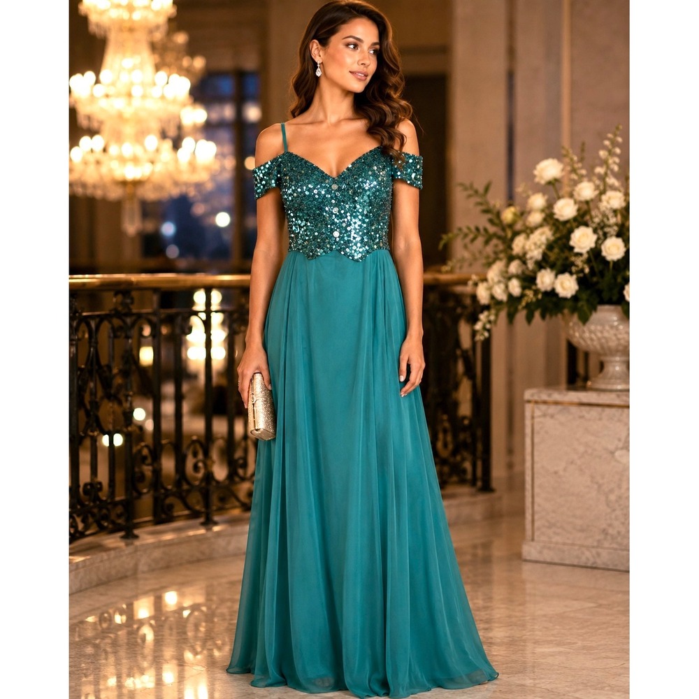 Formal Evening Gown Teal Sequin Off Shoulder Size 16‎ Mike Benet